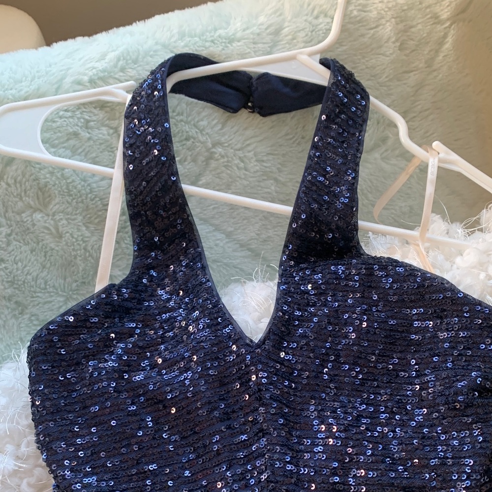 Sparkling elegant navy blue Asymmetrical Halter Dress